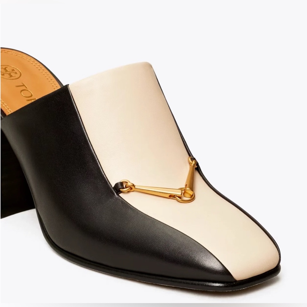 TORY BURCH EQUESTRIAN LINK MULE 80MM PUMP LEATHER BLACK/DULCE DE LECHE SZ US 8 - Picture 3 of 11